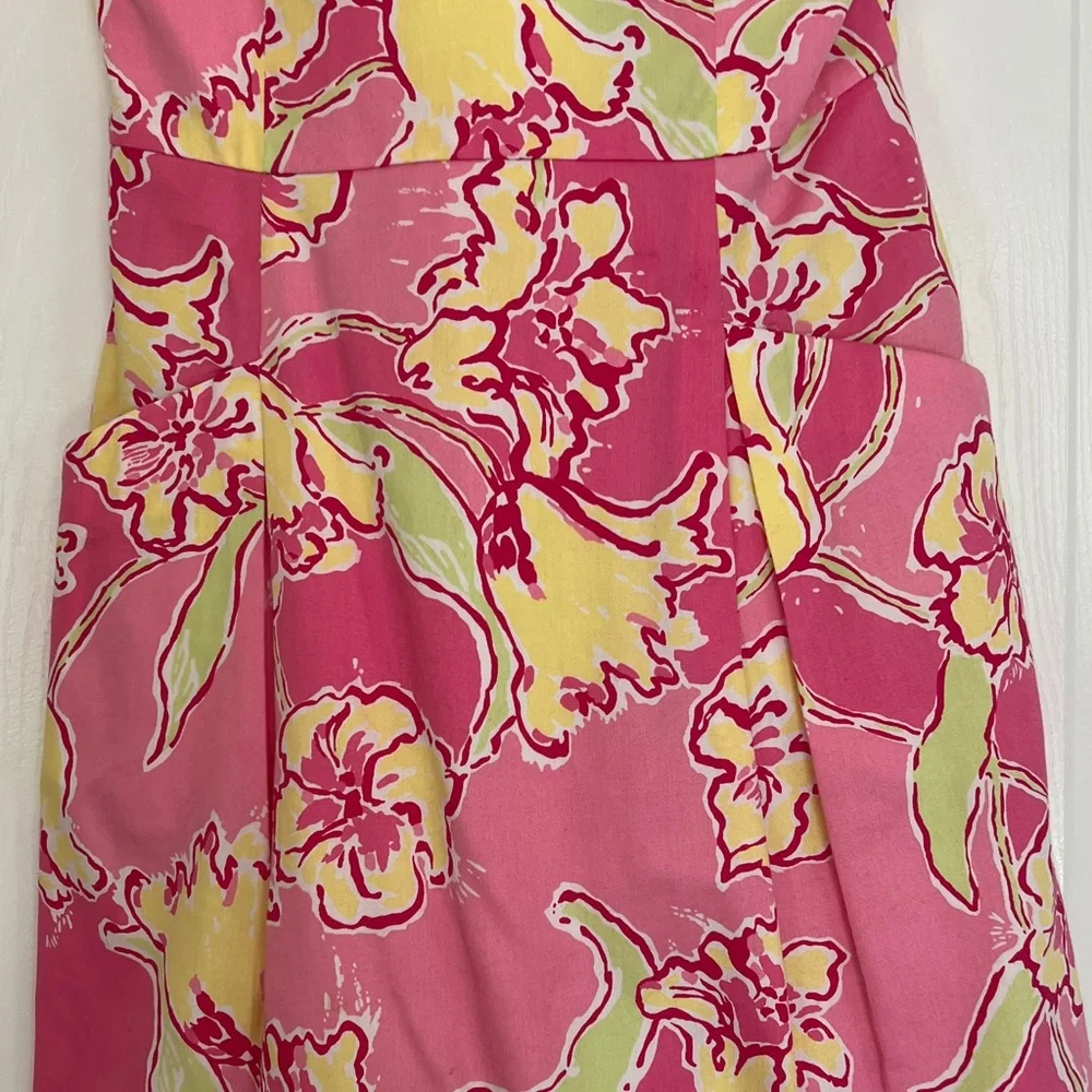 Lilly Pulitzer ClassicPink and Yellow Strapless Floral Dress With Slash Pockets - Picture 4 of 16
